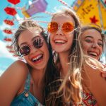 Three young women laugh together while wearing sunglasses at a carnival.