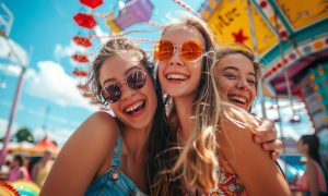 Three young women laugh together while wearing sunglasses at a carnival.